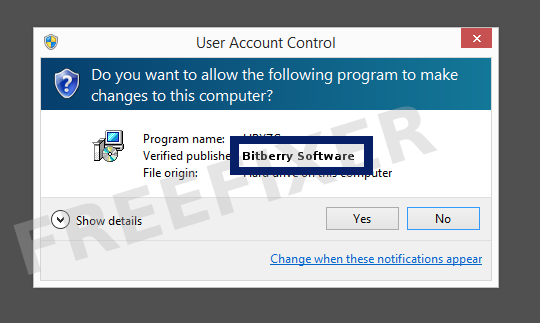 Screenshot where Bitberry Software appears as the verified publisher in the UAC dialog